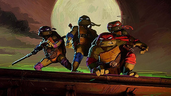 Teenage Mutant Ninja Turtles on a rooftop at night