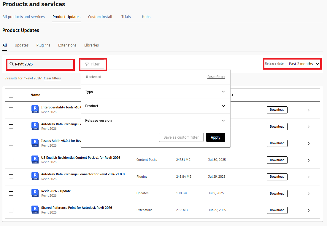 显示在 Autodesk 帐户中搜索更新时过滤选项的屏幕截图